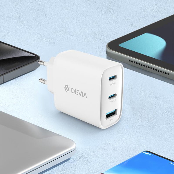 Kit Cargador Devia 65W GaN Carga Rápida 3 Puertos mas Cable C a C