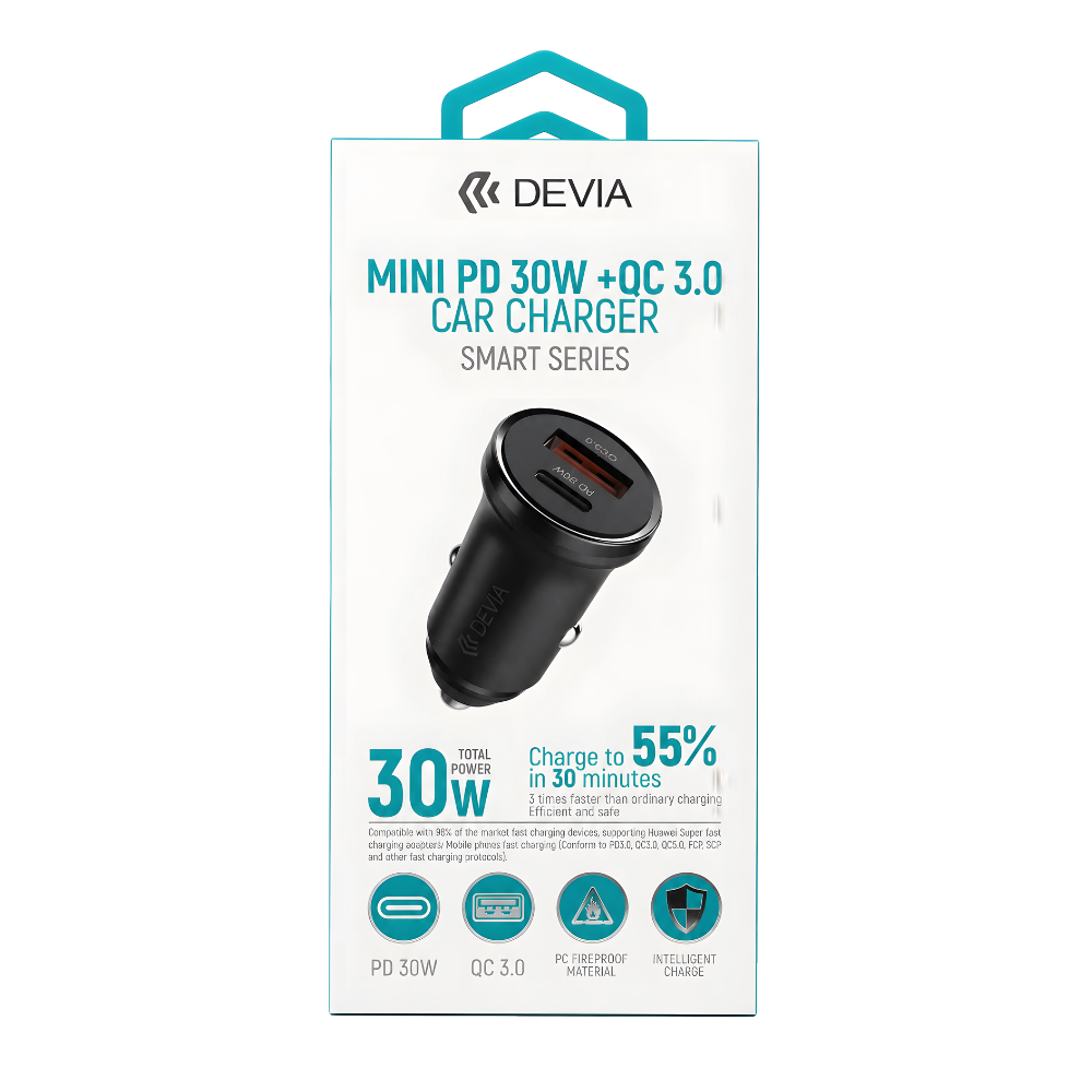Cargador de Auto Devia Mini Smart Series PD 30W USB-C y USB QC 3.0 Negro