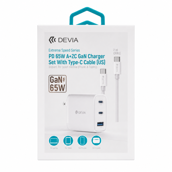 Kit Cargador Devia 65W GaN Carga Rápida 3 Puertos mas Cable C a C