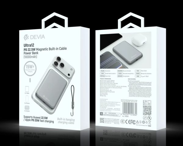 Power Bank magnético DEVIA serie Ultra12 con cable integrado, PD 22,5 W (10 000 mAh) - Gris