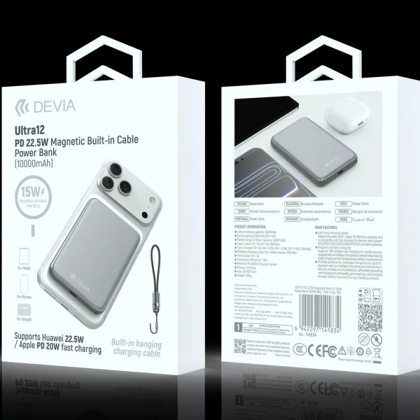 Power Bank magnético DEVIA serie Ultra12 con cable integrado, PD 22,5 W (10 000 mAh) - Gris