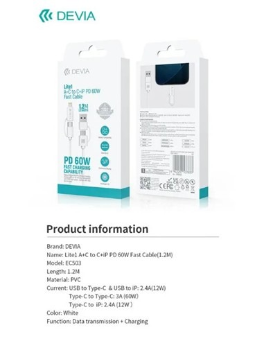 DEVIA Lite1 Cable A+C to C+iP PD 60W Fast Cable 7837