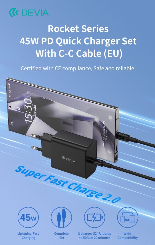 Devia Cargador 45W PD QC Con Cable Tipo C