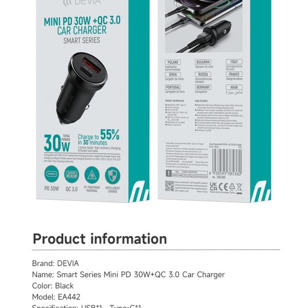 Devia Cargador De Auto Mini Smart Series Pd 30w Usb-c Usb