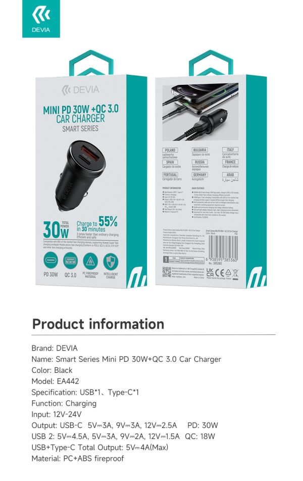 Devia Cargador De Auto Mini Smart Series Pd 30w Usb-c Usb