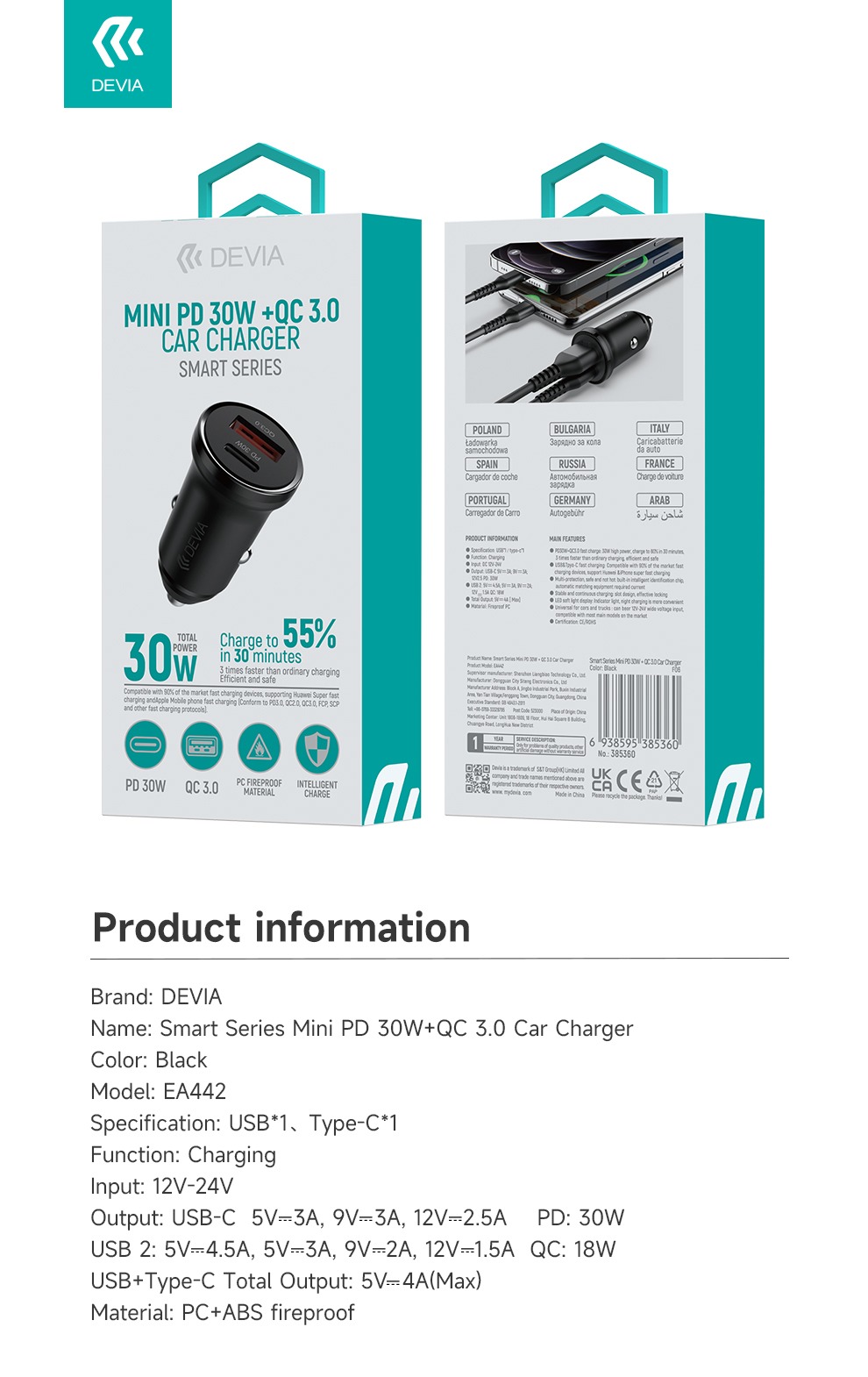 Devia Cargador De Auto Mini Smart Series Pd 30w Usb-c Usb