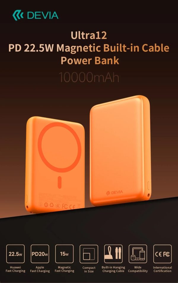 Power Bank DEVIA Serie Ultra12 PD 22,5 W magnética con cable integrado (10 000 mAh) - Naranja