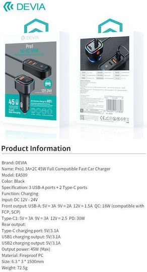 Devia Cargador de Auto PRO1 de 45 W y 3 A con carga rápida