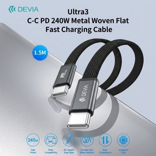 DEVIA Ultra3 C-C PD 240W Metal Woven Flat Fast Charging Cable (1.5M) BLUE 7757