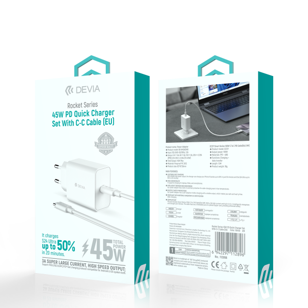 Devia Cargador 45W PD QC Con Cable Tipo C Blanco