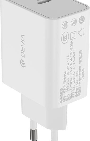 Devia Cargador 45W PD QC Con Cable Tipo C Blanco